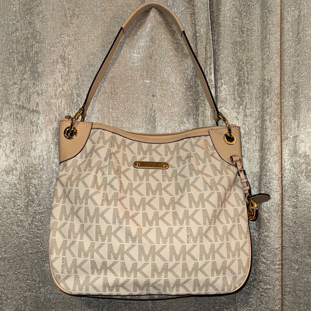 Michael Kors Beige and Tan Signature MK Shoulder Bag